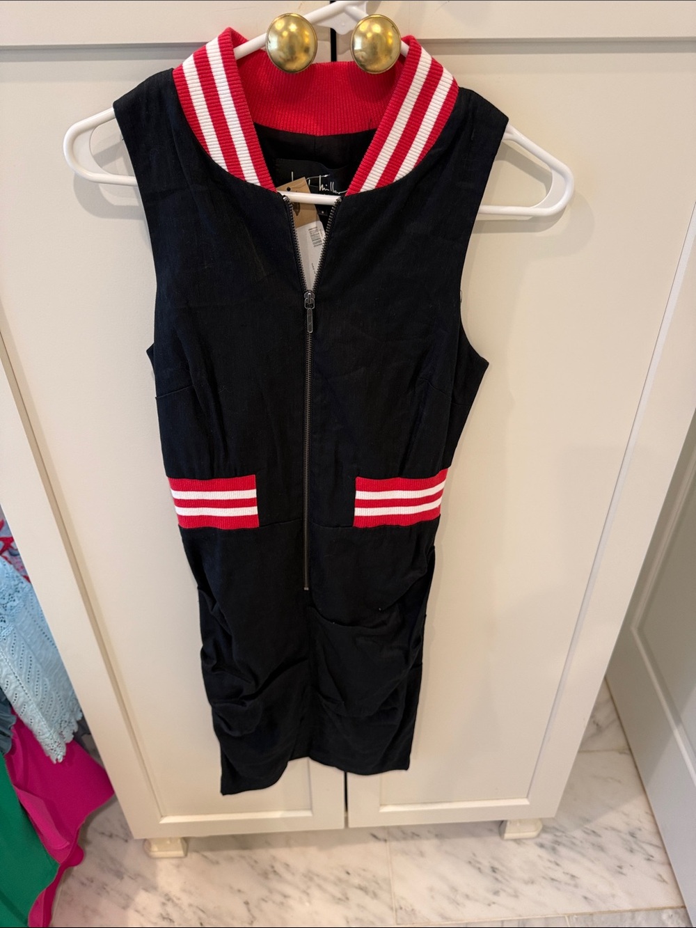 Nicole Miller Black Mini Dress with Red and White Stripe Trim